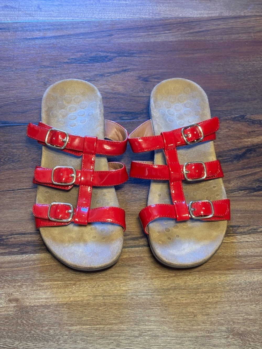 Vionic Kids Red Triple-Strap Patent Slide Sandals